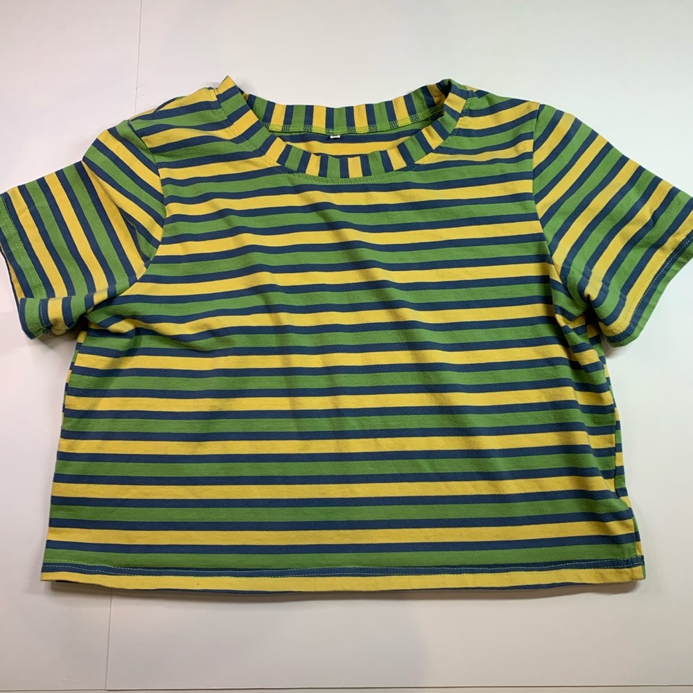 Blue green and yellow horizontal striped crop top